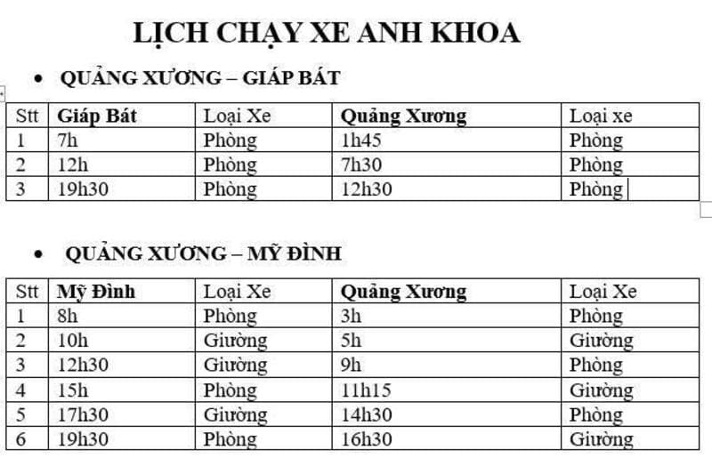 Nhà xe Anh Khoa Thanh Hóa Hà Nội Quảng Xương Giáp Bát Mỹ Đình