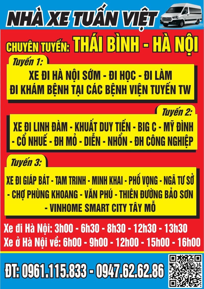 Nhà xe Tuấn Việt Thái Bình Hà Nội Mỹ Đình Nhổn Giáp Bát
