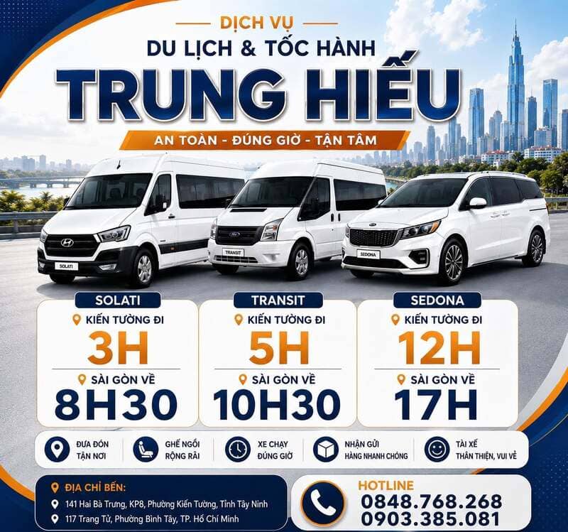 Nhà xe Trung Hiếu Kiến Tường – Sài Gòn: Số điện thoại, giá vé
