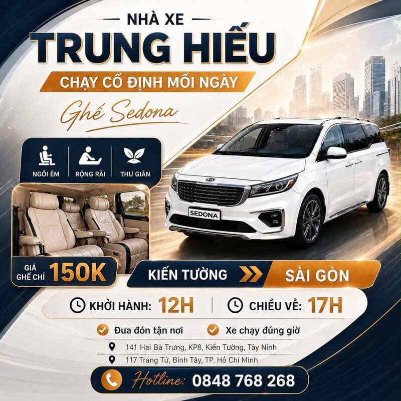 Nhà xe Trung Hiếu Kiến Tường – Sài Gòn: Số điện thoại, giá vé
