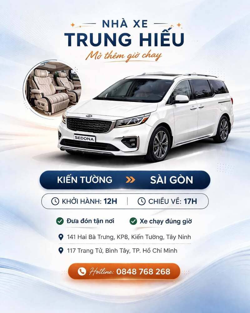 Nhà xe Trung Hiếu Kiến Tường – Sài Gòn: Số điện thoại, giá vé